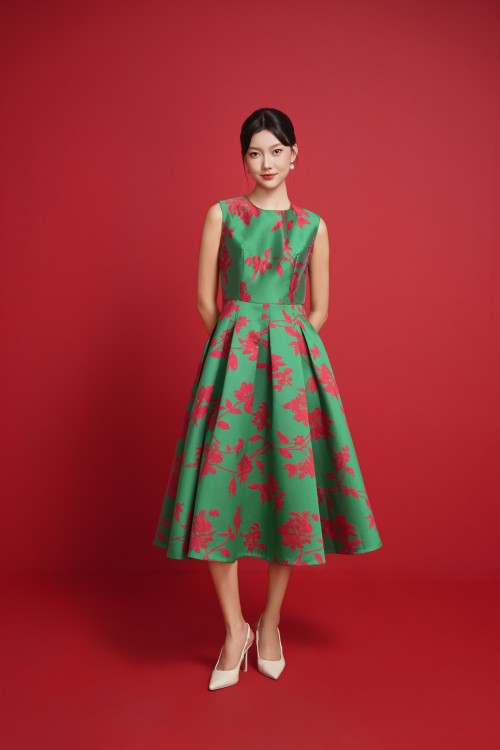 Sixdo Green Brocade Flared Dress